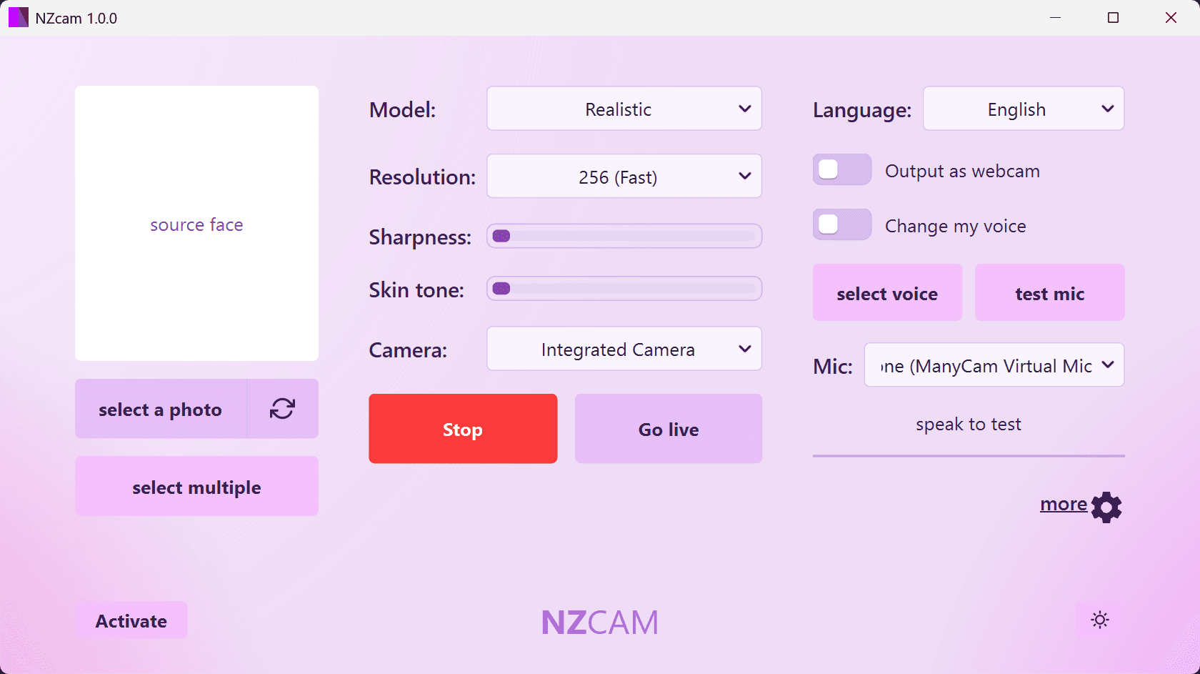 NZCAM real-time face swap and voice change app interface in light mode